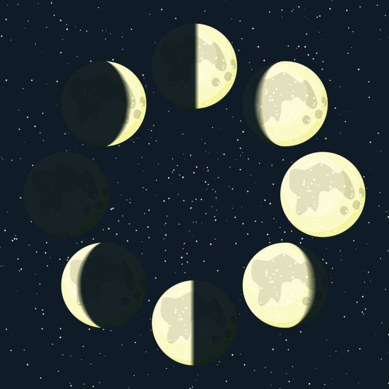 49040798 - yellow moon phases vector icons on beautiful starry dark background. new moon, waxing crescent, first quarter, waxing gibbous, full moon, waning gibbous, third quarter, waning crescent illustration.