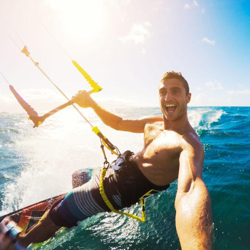 43698734 - kiteboarding. fun in the ocean, extreme sport kitesurfing. pov angle with action camera