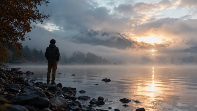 Person standing by lake contemplating change