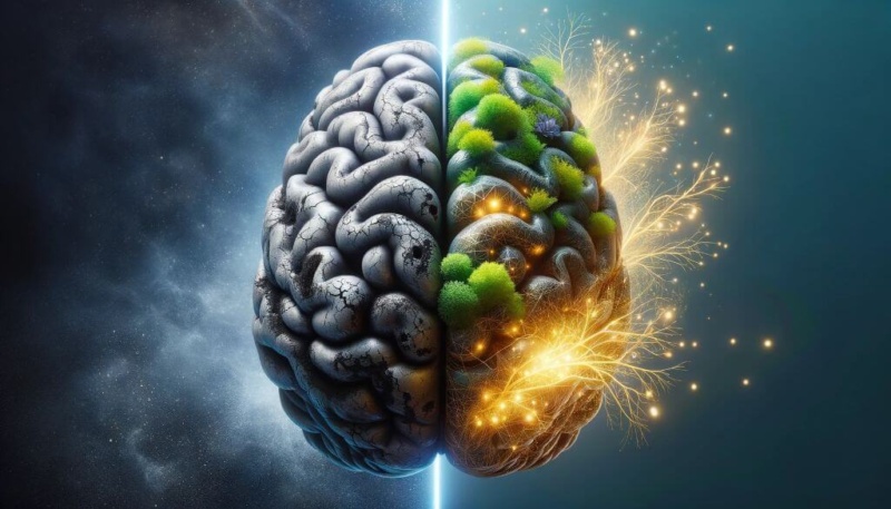 Brain flourishing on one side and decaying on the other
