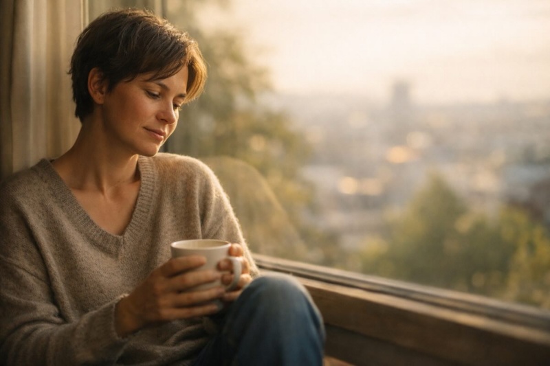 Person quietly reflecting by a window with a warm drink, symbolizing inner reflection.