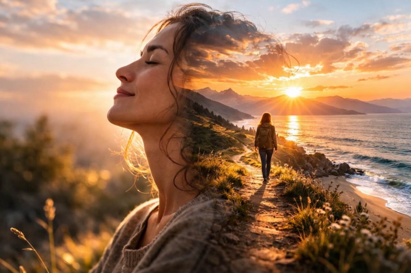 Side profile double exposure of a person and a sunrise landscape, illustrating how the power of the mind shapes life experiences.