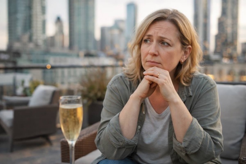 Woman with success guilt drinking champagne at rooftop bar