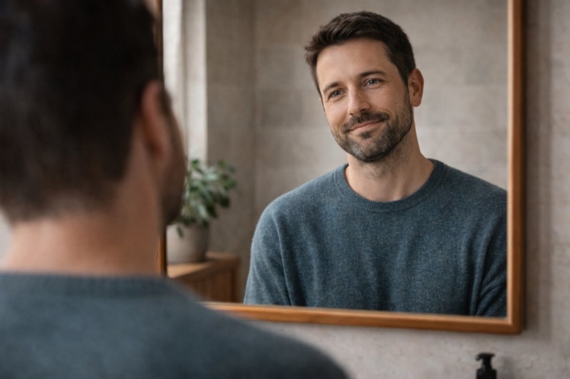 Man looking in the mirror with kindness