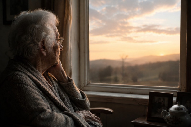 An older person looking out a window in reflection, imagining a life looked back on.