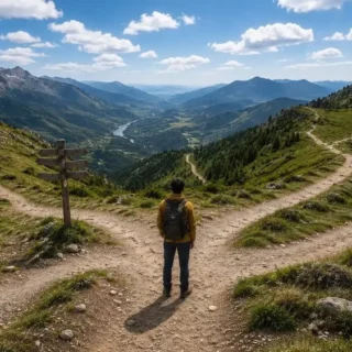A mountain path splitting into several directions, representing the choice of where to go in life.