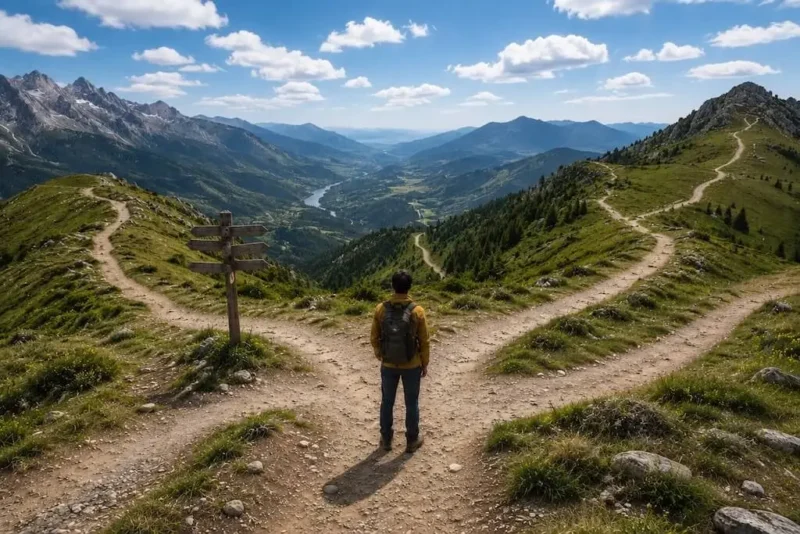 A mountain path splitting into several directions, representing the choice of where to go in life.
