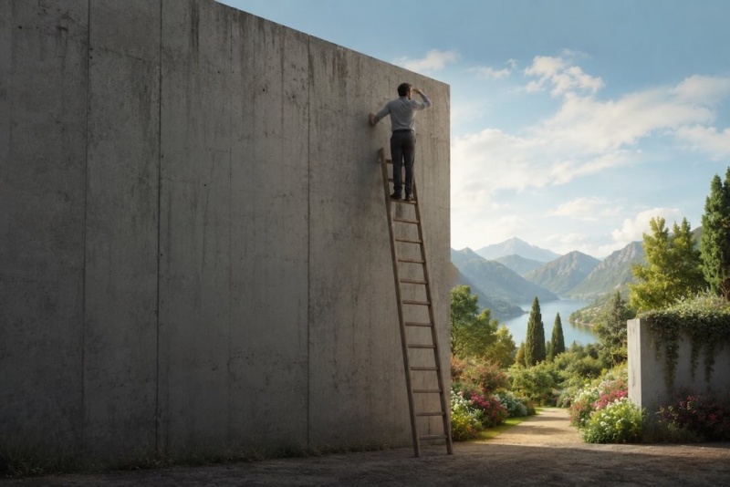 A person reaches the top of a tall ladder attached to a blank concrete wall. Behind them, just out of reach, another wall opens into a beautiful garden, mountain view, or open doorway. 
